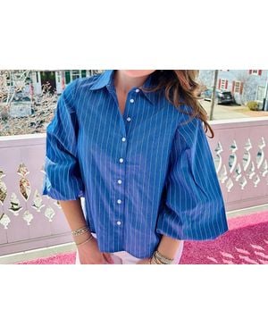 Apny Striped Blouson Sleeve Button Down - Blue