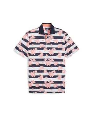 PUMA Garden Pique Polo Floral Striped Golf Shirt Red1104 - Blue