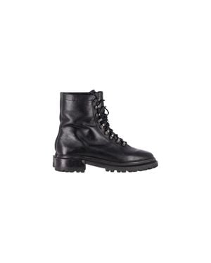 Porte & Paire Ribbed-Knit Trimmed Leather Combat Boots - Black
