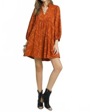 Umgee Jacquard High Ruffle Neck Dress - Orange