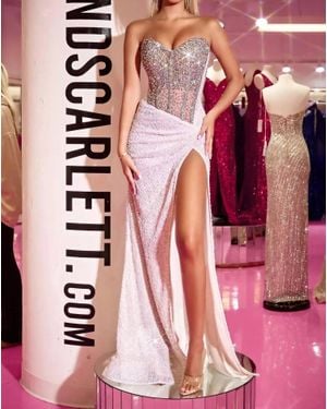 Portia and Scarlett Fully Beaded Strapless Gown With High Slit - Pink