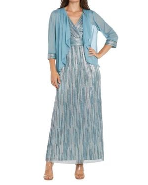 R & M Richards Metallic Platter Dress With Removable Sheer-Sleeve Jacket Set - Blue