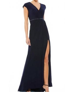 Mac Duggal Beaded Waist Cap Sleeve Dress Gown - Blue