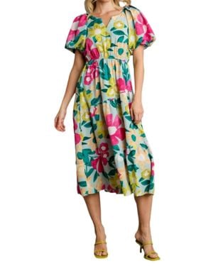 Umgee Floral Balloon Sleeve Midi Dress - Green