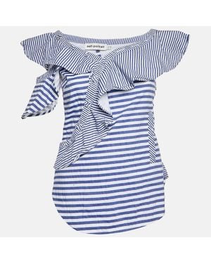 Self-Portrait Striped Cotton Frilled Sleeveless Top - Blue