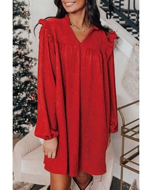 TRUEDAMES Fiery Textured Ruffled Trim V Neck Loose Fit Mini Dress