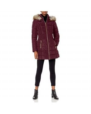 Laundry by Shelli Segal 3/4 Puffer Zig Zag Cinched Waist Faux Fur Trim Hood Jacket - Red