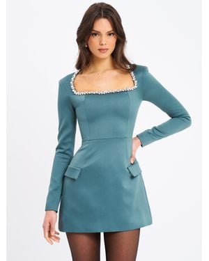 Miss Circle Gabella Dark Long Sleeve A-Line Mini Dress With Crystal Trim - Blue