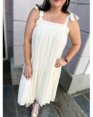 Jodifil Shoulder Tie Tiered Midi Dress - White