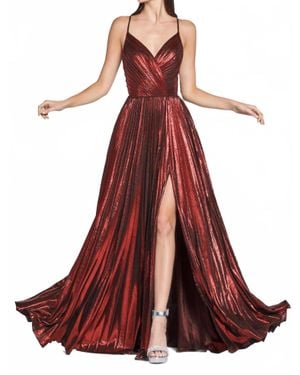 Cinderella Divine Metallic Pleated A-Line Prom Dress - Red