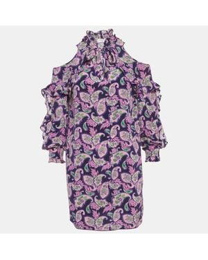 Sandro Printed Silk Ruffled Cold-Shoulder Dress - Purple