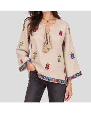 Calypso St. Barth Calypso St. Barth Seena Linen Hand Embroidered Top - Natural