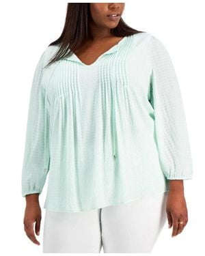Tommy Hilfiger Top 1X Plus Tie Neck Pintucked Peasant Blouse Fts1528 - Blue