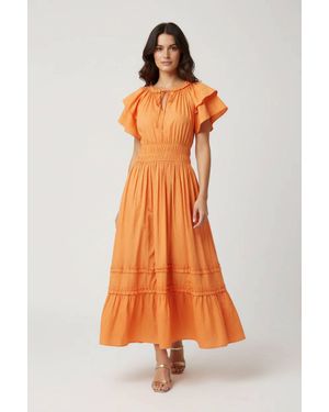 She + Sky Ruffled Sleeve Waist Elastic Side Pocket Midi Dress - Orange