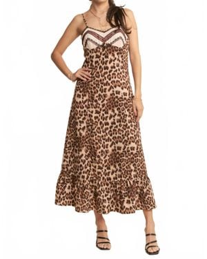 Davi & Dani Animal Printed Chest Lace Detail Maxi Slip Dress - Brown