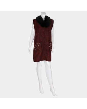 TRUEDAMES Pearl Embellished Pockets Detail Faux Fur Collar Vest - Red