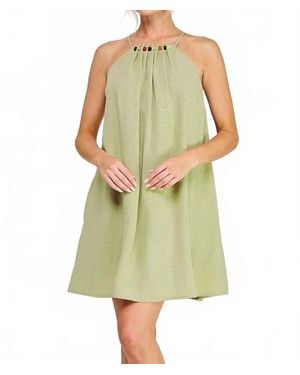 Allie Rose Linen Bead Trim Mini Dress - Green