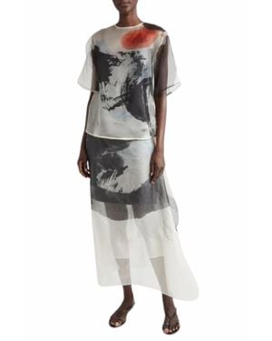 Jason Wu Silk Organza Printed Midi Skirt With Artwork By Tong Yang-Tze - White