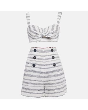 Paule Ka Embroidered Stripe Cotton Top & Shorts Set - White