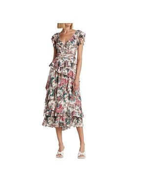 LOVE THE LABEL Salome Lillie Print Flutter Sleeves Lurex Midi Dress - Multicolor