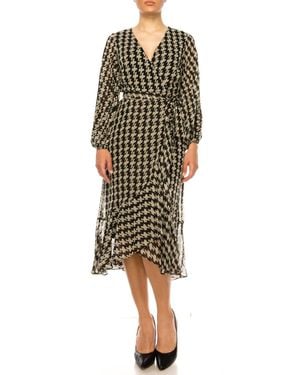 Maison Tara Faux Wrap Houndstooth Print Midi Dress - Black