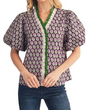 Jodifil Short Puff Sleeves Floral Top With Color Contrast Ruffle Detail - Gray