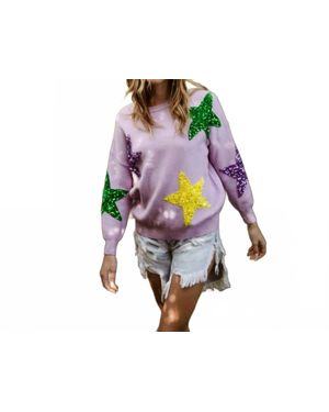 Bibi Sequin Velvet Star Patches Mardi Gras Sweater - Black