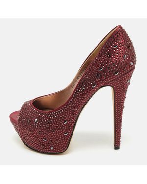 Gina Burgundy Satin Crystal Embellished Peep Toe Platform Pumps - Red