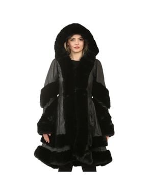 TruClothing Flared Hooded Leather Cape Coat - Black