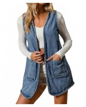 Bibi Braided Trim Open Front Denim Vest With Pockets - Blue
