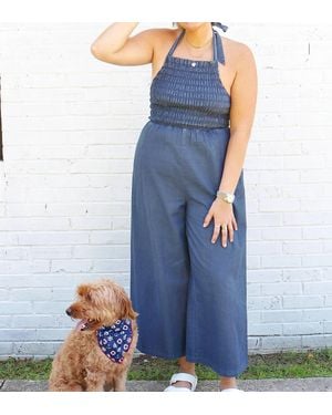 Miou Muse Smocked Halter Jumpsuit - Blue