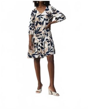 Joseph Ribkoff Leaf Print Puff Sleeve Trapeze Dress - White