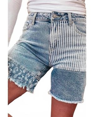 Dear Lover Stripe Paisley & Mixed Patchwork Raw Hem Shorts - Blue