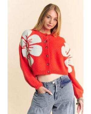 TRUEDAMES Davi & Dani Flower Contrast Round Neck Long Sleeve Cardigan - Red
