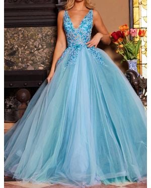 Jovani Floral Embroidered Bodice Ball Gown - Blue
