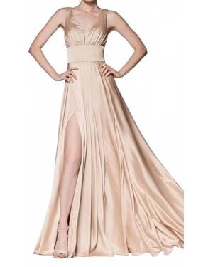 Cinderella Divine Sleeveless V-Neck High Slit Satin Gown - Pink