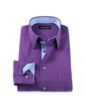 Paul Fredrick Tailored Fit Comfort Stretch Non-Iron Dot Dress Shirt With Contrast Trim - Purple