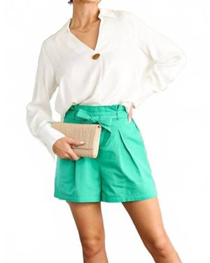 Vine & Love Collared V-Neck Button Satin Blouse - Green