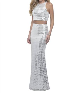 Blush Prom Novelty Sequin Two Piece Gown - White
