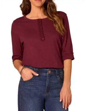 Democracy Henley Crochet Knit Top With Elbow Roll Cuff - Red