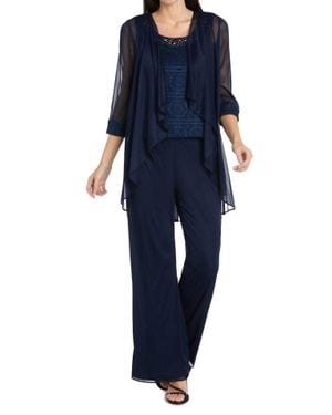 R & M Richards Glitter Embroidered Pant Suit With Pearl Neckline - Blue