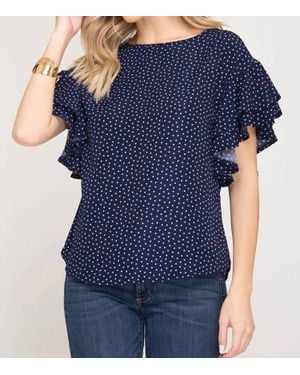 She + Sky Double Ruffle Polka Dot Top - Blue