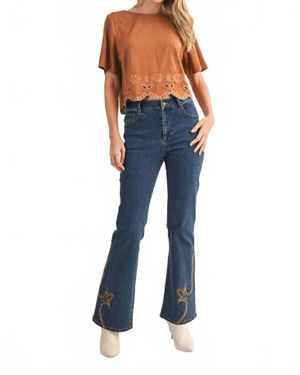 Klesis Suede-Feel Border Cutout Short-Sleeve Top - Blue