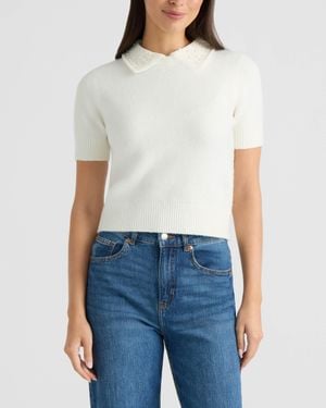 Ellen Tracy Short Sleeve Sweater With Pearled Collar - White