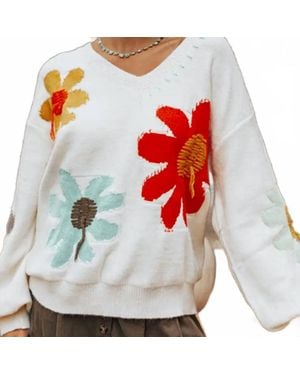 Umorger Flower V-Neck Dropped Shoulder Sweater - White