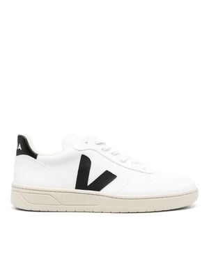 Veja V-10 Contrasting Logo Perforated Leather Sneakers - White