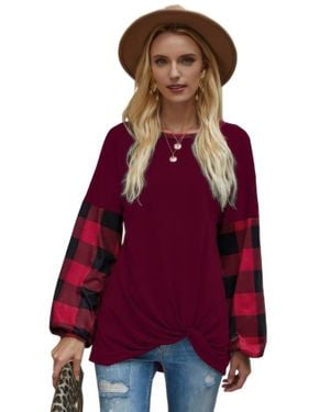 TRUEDAMES Round Neck Lantern Sleeve Patchwork Pullover - Red