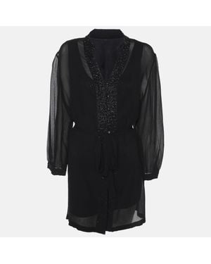 Elena Miro Chiffon Embellished Long Sleeve Shirt Set - Black