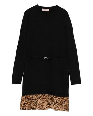 Twinset Ruffled Hem Dress With Animal Print Detail - Black