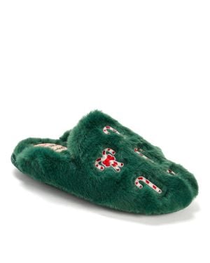 Dearfoams Holiday Fur Shaped Tab Scuff Slippers - Green